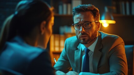 Serious caucasian adult male in business meeting with female associate in office