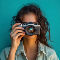 Woman taking a photo with a camera.