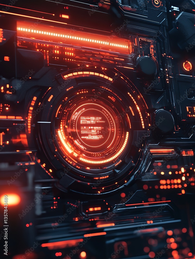 Poster futuristic technology interface red orange glowing digital panel dark background abstract sci fi 3d 