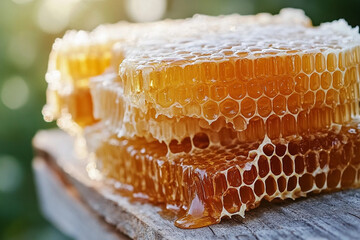 Honeycomb tray prepared for packaging with fresh honey and golden hues during late afternoon light