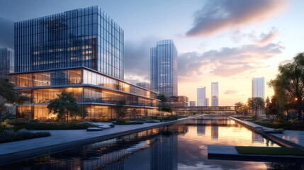 Obraz premium Serene Sunset Cityscape: Modern Architecture Reflecting on Tranquil Waters