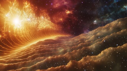 Visually stunning depiction of cosmic waves radiating energy across the galaxy on a surreal background