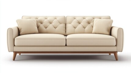 Fototapeta premium Elegant beige sofa with tufted back and wooden legs in minimalistic setting