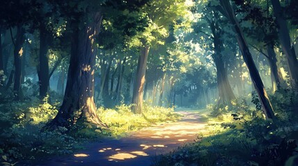 Obraz premium The sunlit path winds through a dense green forest landscape