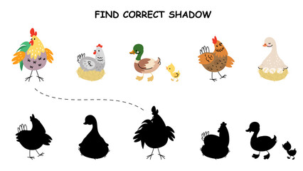 Kids puzzle game with cartoon farm birds. Find correct shadow of chicken hen rooster and duck with duckling. Educational play vector template