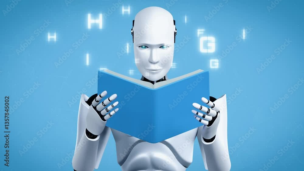 Poster 3d rendering of robot hominoid reading book in concept of future artificial intelligence and 4th fou