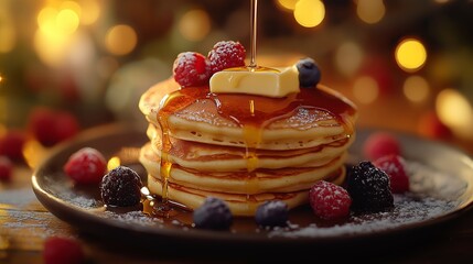 Stack of fluffy pancakes topped with syrup and fresh berries on a plate