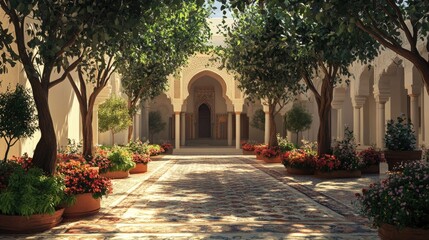 Fototapeta premium A quiet mosque courtyard lined with flowerbeds and shaded by tall olive trees