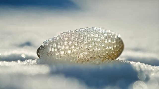 Sparkling Ice Formation Resting on Snow During a Sunny Winter Day