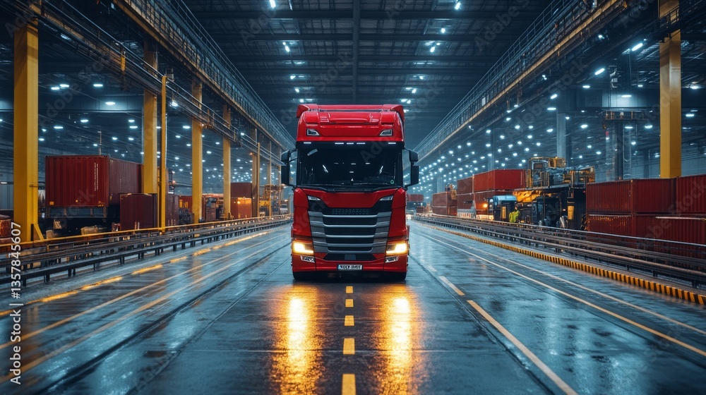Poster a red truck stands in a well lit warehouse, surrounded by shipping containers. the space is organize