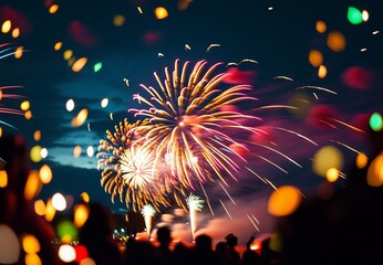festive fireworks display. Show vibrant, colorful explosions lighting up the night sky, creating a magical and celebratory atmosphere