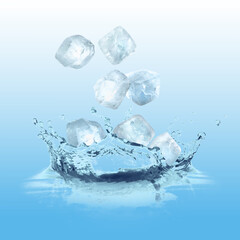 Ice cubes falling into water on light blue gradient background