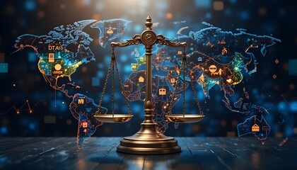 A global finance law concept with scales of justice overlaid on a world map filled with stock market symbols