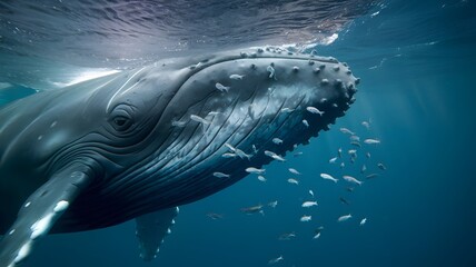 Naklejka premium Whale underwater with fish swimming nearby