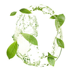 Green tea splashes and fresh leaves in air on white background
