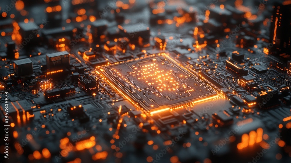 Poster illuminated circuit board: a close-up of a microchip's glowing heart