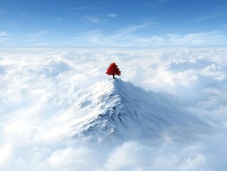Red Tree with Snowy Peak, and Cloudscape.