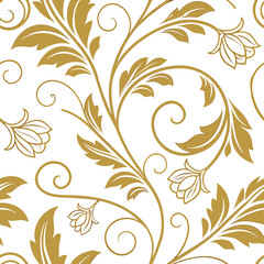 Obraz premium Seamless pattern of golden floral elements with leaves and flowers on a white background, elegant design, decorative, vintage style