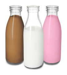 Milk of different flavors in bottles isolated on white. Vanilla, chocolate and strawberry