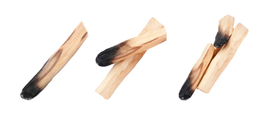 Burnt palo santo sticks on white background, set. Top view