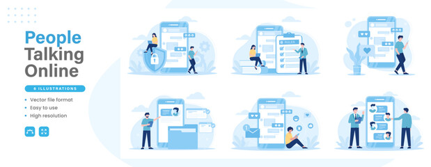 People talking online modern flat illustration. Set of people are chatting online using smartphones via chat applications and social media. Vector graphic design for web design and other purposes.