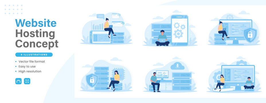 Web hosting modern flat illustration. Set of tiny people with laptop and computer repairing programs of server system and database. Vector graphic design for web design and other purposes.
