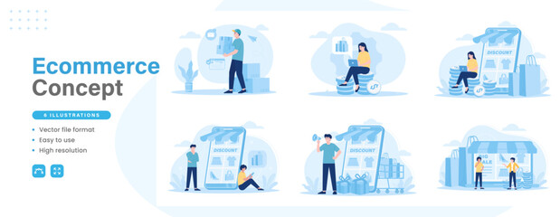 Ecommerce modern flat illustration. Set of scenes online buying and selling in online stores and delivery of goods. Vector graphic design for web design and other purposes.
