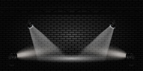 White spotlights. Light effect. Bright stage lighting. Vector illustration.