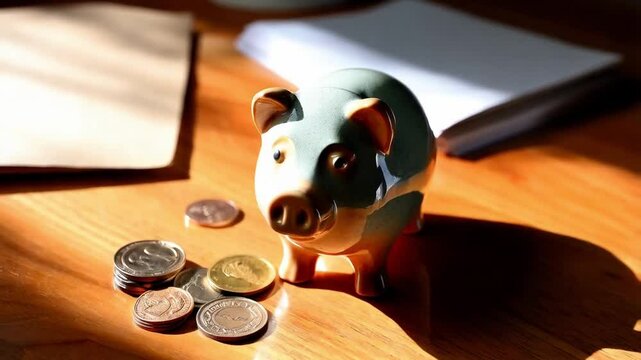 Saving Money With a Piggy Bank on a Wooden Table in Bright Sunlight