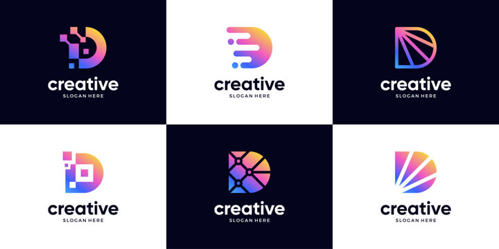 Set of Letter D modern logo template. gradient digital data connection logo template elements.