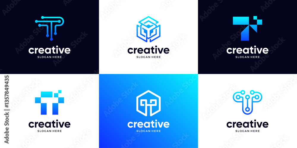 Poster collection of letter t with geometric circuit data connection. abstract symbol for modern business.
