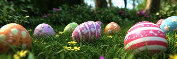 A vibrant collection of Easter eggs nestled in lush green grass, showcasing a festive and colorful display for the holiday celebration.