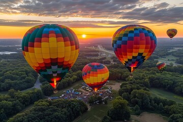 Fototapeta premium Drone captures stunning sunrise shot of vibrant hot air balloon festival in the air.