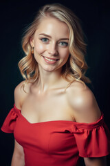 Fototapeta premium Smiling Young Woman in Red Dress with Curly Hair