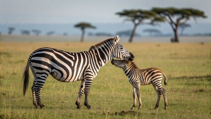 Obraz premium Zebra Mother and Foal in Serengeti — Heartwarming Wildlife Connection