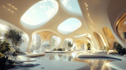 A futuristic outpatient clinic attached to a hospital, designed with high ceilings and abundant natural light