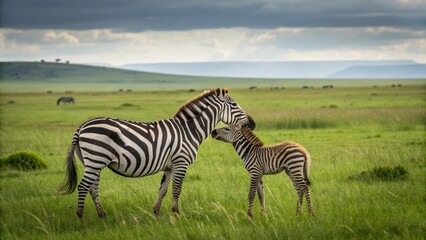 Naklejka premium Zebra Mother and Foal in Serengeti — Heartwarming Wildlife Connection