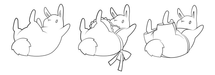 Set of cute rabbits in overalls and aprons. Easter illustration. Coloring page. Black line. Isolated on white.