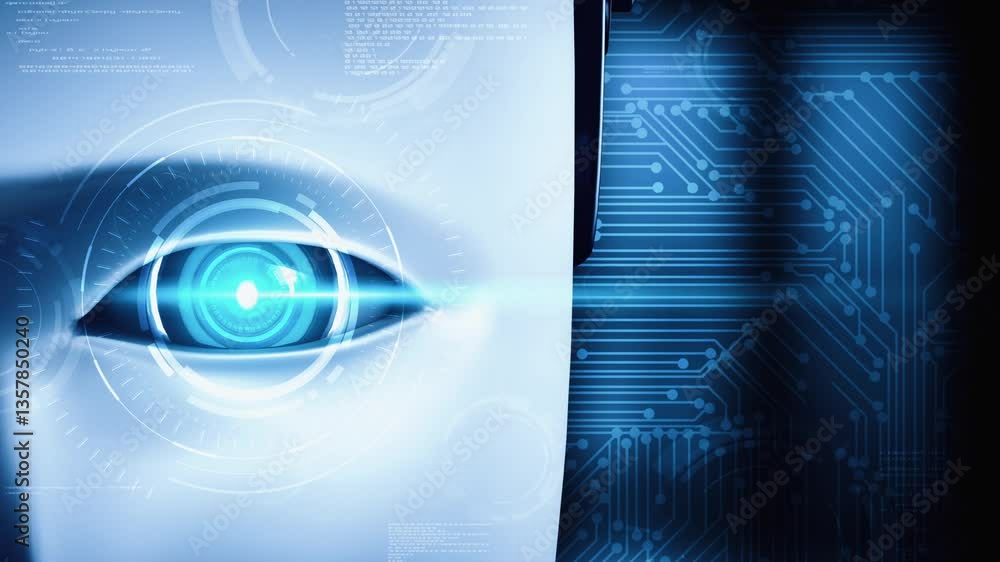 Poster robot hominoid face close up with graphic concept of big data analytic by ai thinking brain, artific