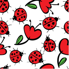 lady bug with flowers kid drawing seamless pattern