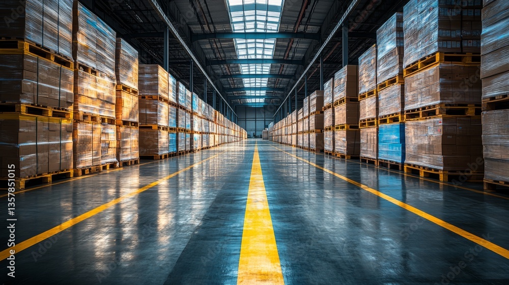 Poster brightly lit warehouse displays neatly stacked pallets along the walls, creating a clear pathway for