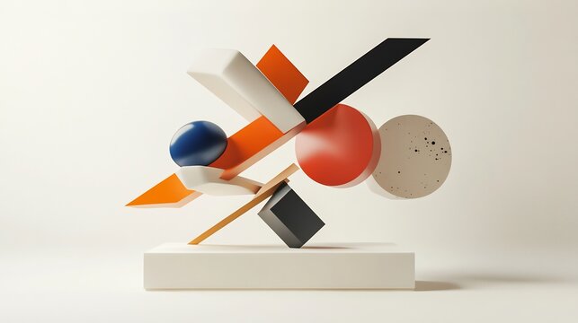 Abstract composition of 3D geometric shapes creating sense of movement and balance on a white background
