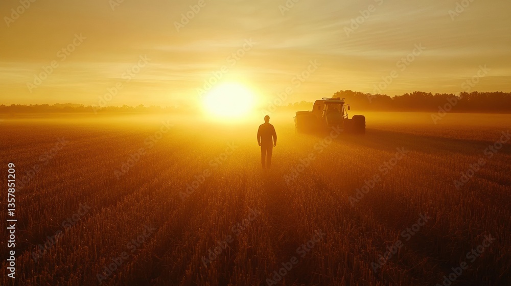 Poster silhouette of a farmer in a golden field during sunrise, surrounded by soft light and a sense of tra