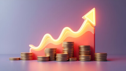 3D Financial Investment Concept with Stacked Coins and Glowing Candlestick Chart