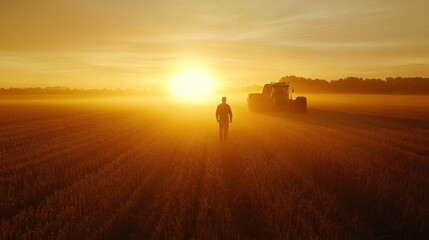 Fototapeta premium Silhouette of a farmer in a golden field during sunrise, surrounded by soft light and a sense of tranquility and hope Generative AI