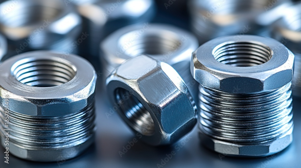 Poster close-up view of various metal nuts and bolts. precision-machined components, showcasing intricate t