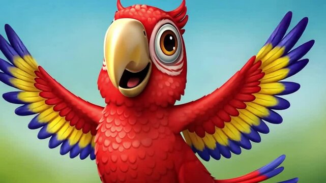 Cartoon Parrot Flapping Colorful Wings and Smiling Brightly Illustration