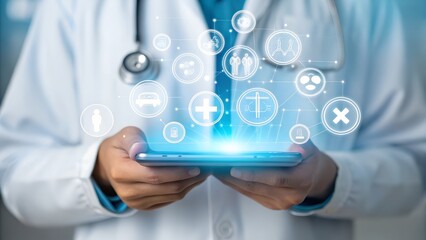 Doctor interacting with digital tablet and pressing modern medical button in a tech-driven healthcare environment