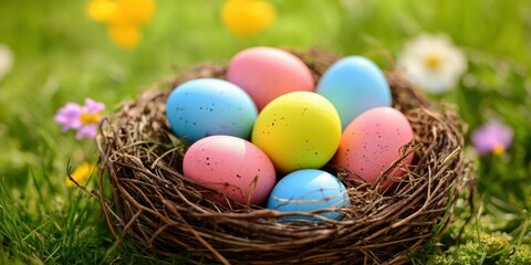 Obraz premium A close-up view of a nest containing eggs, nestled in a grassy field, showcasing the intricate details of nature's design and the fragility of life.