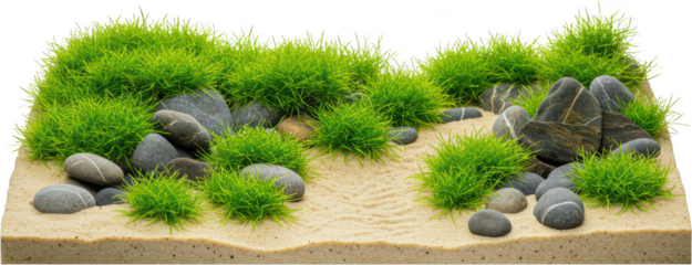 Serene Zen Garden Landscape Smooth Stones Lush Green Grass and Textured Sand
